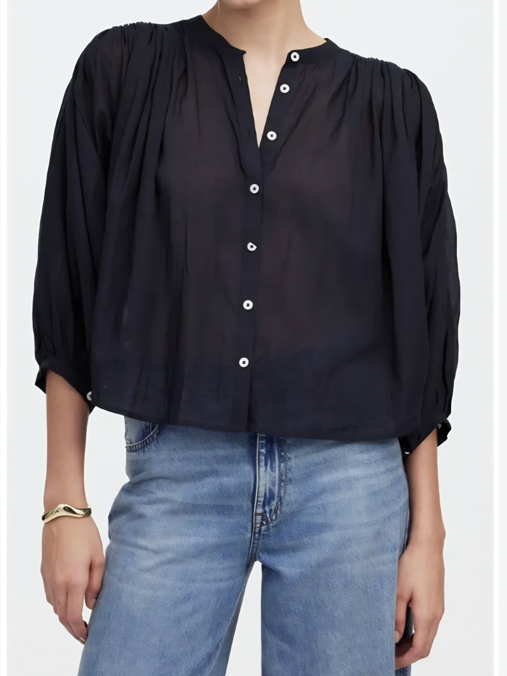 Madewell Black Button-Front Peasant Blouse